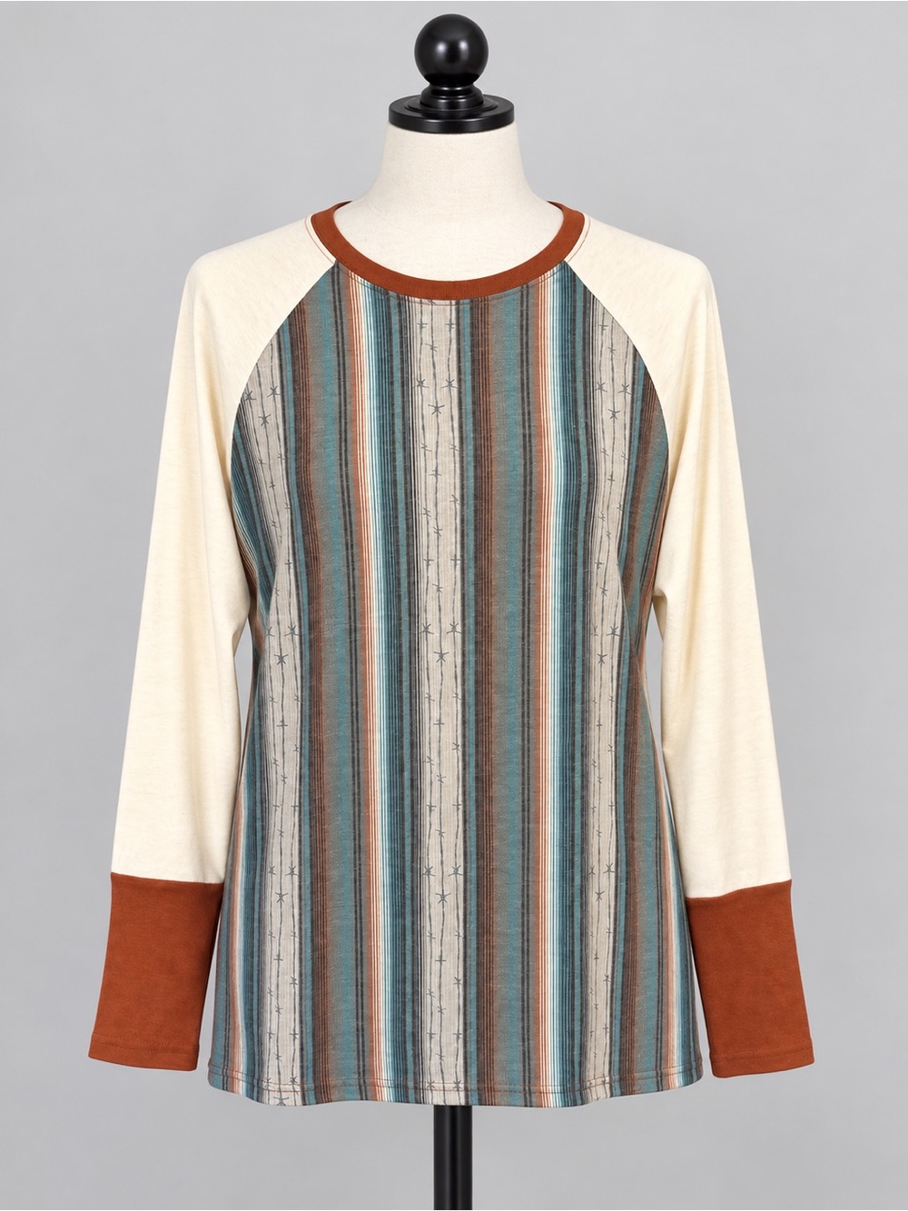 Striped Raglan Long Sleeve Top Teal Rust Cream Two Fly M